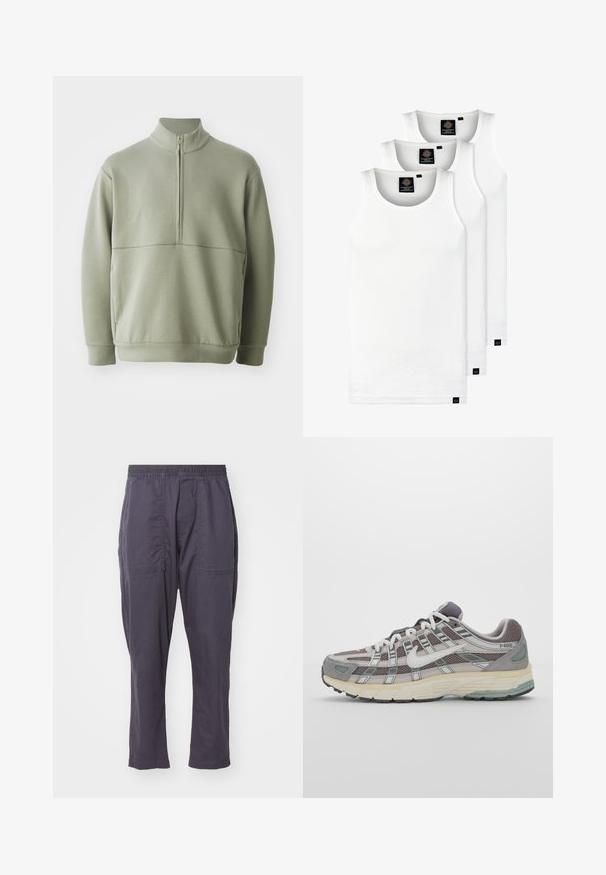 Light green, long-sleeve pullover with a high collar and half zipper. Soft texture with a horizontal seam detail across the chest.; Three white ribbed tank tops made of cotton. Features a crew neck and small black labels near the hem. Available in multiple sizes.; Dark gray, lightweight pants with an elastic waistband, two front pockets, straight leg design, and a smooth texture.; Gray athletic shoe featuring a mesh and suede upper, white accents, a cushioned sole, and a distinctive design with reflective elements.