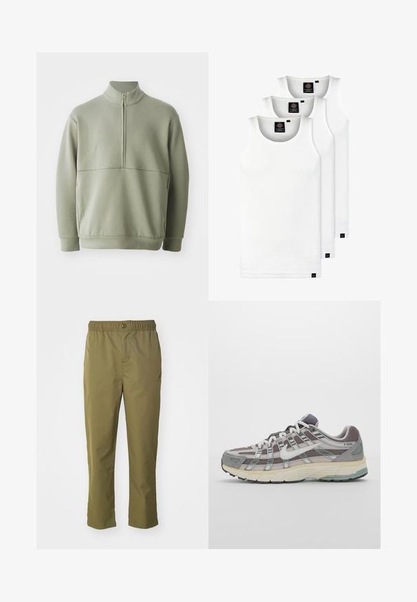 Gaiši zaļš, garām piedurknēm, džemperis ar augstu apkakli un pusi rāvējslēdzēju. Mīksta tekstūra ar horizontālu šuvju detaļu krūšu rajonā.; Trīs baltas ribotas krūšturi, kas izgatavoti no kokvilnas. Iezīmēti ar apaļu kakla izgriezumu un maziem melniem etiķetēm tuvu apakšmalai. Pieejami vairākos izmēros.; Olīvzaļa bikses ar elastīgu jostu, pogu aizdari un brīvu piegriezumu. Izgatavotas no viegla auduma, ar sānu kabatām.; Pelēkie sporta apavi ar tīkla un zamša augšdaļu, baltiem akcentiem, mīkstinātu zoli un izcilu dizainu ar atstarotājiem.