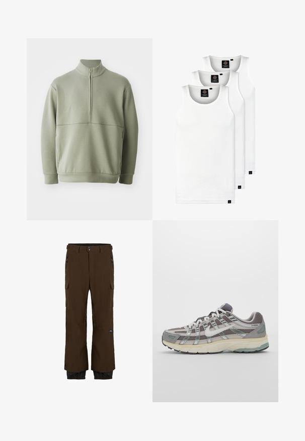 Lichtgroene, langslijve pullover met een hoge kraag en een halve rits. Zachte textuur met een horizontale naaddetails over de borst.; Drie witte geribde tanktops van katoen. Kenmerken zijn een ronde hals en kleine zwarte labels nabij de zoom. Verkrijgbaar in meerdere maten.; Bruine waterdichte broek met zwarte accenten. Voorzien van cargozakken, een ritszak en elastische manchetten. Gemaakt van duurzaam materiaal.; Grijze sportieve schoen met een bovenwerk van mesh en suede, witte accenten, een gevoerde zool en een onderscheidend ontwerp met reflecterende elementen.