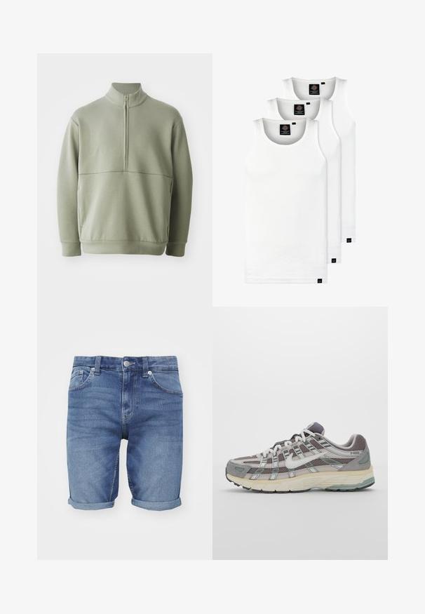 Svetlozelený, dlhý rukáv pulóver s vysokým golierom a polovičným zipsom. Mäkká textúra s horizontálnym švom cez hruď.; Tri biele rebrované tielka vyrobené z bavlny. Majú okrúhly výstrih a malé čierne štítky pri leme. Dostupné v rôznych veľkostiach.; Džínsy šortky v svetlom modrom odtieni. Majú klasický dizajn s piatimi vreckami, preložené lemy a kovové gombíkové zapínanie v páse.; Šedá športová obuv so zvrškom z nylonu a semišu, bielymi akcentmi, polstrovanou podrážkou a jedinečným dizajnom s reflexnými prvkami.