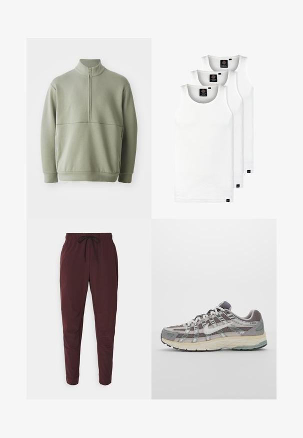 Světlá zelená mikina s dlouhým rukávem, vysokým límečkem a půlzipem. Měkká textura s horizontálním švem přes hruď.; Tři bílé žebrované tílka vyrobené z bavlny. Mají kulatý výstřih a malé černé štítky poblíž lemu. Dostupné v několika velikostech.; Burgundské jogger kalhoty vyrobené z měkké tkaniny, s elastickým pasem, nastavitelnou šňůrkou a zúženými manžetami na nohavicích. Bez vzorů nebo akcentů.; Šedá sportovní obuv s vrchní částí z mikrovlákna a semiše, bílými akcenty, polstrovanou podrážkou a jedinečným designem s reflexními prvky.