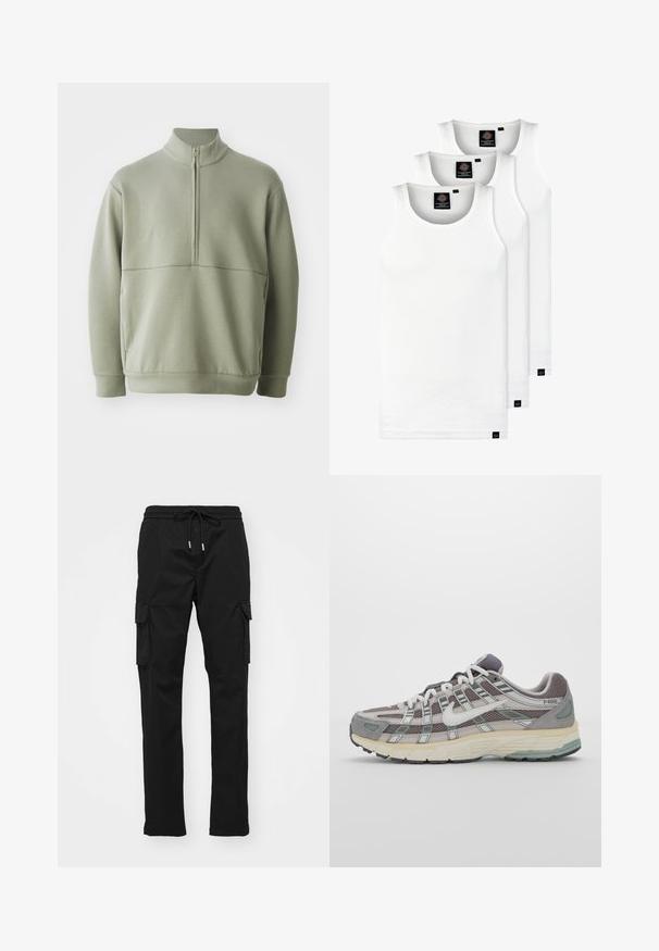 Lys grønn, langermet genser med høy krage og halv glidelås. Myk tekstur med horisontal sømdetalj over brystet.; Tre hvite ribbestrikkede tank topper laget av bomull. Har en rund hals og små svarte etiketter nær kanten. Tilgjengelig i flere størrelser.; Svarte cargo-bukser laget av et glatt stoff, med elastisk midjebånd og snøre, sidelommer og cargo-lommer på begge ben.; Grå treningssko med overdel i nett og semsket skinn, hvite detaljer, en polstret såle, og et særpreget design med reflekterende elementer.