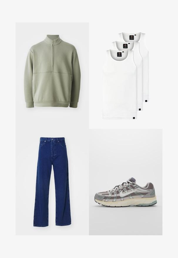 Light green, long-sleeve pullover with a high collar and half zipper. Soft texture with a horizontal seam detail across the chest.; Three white ribbed tank tops made of cotton. Features a crew neck and small black labels near the hem. Available in multiple sizes.; Wide-leg blue denim jeans with a high waist, featuring front pockets and a button closure. Smooth texture and minimal stitching details.; Gray athletic shoe featuring a mesh and suede upper, white accents, a cushioned sole, and a distinctive design with reflective elements.