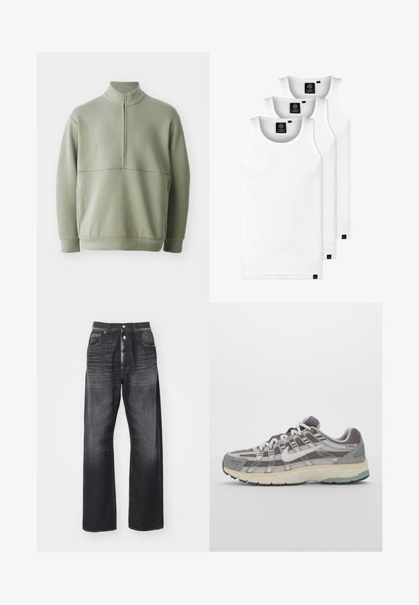 Pull vert clair à manches longues avec un col montant et une fermeture éclair mi-longue. Texture douce avec un détail de couture horizontale sur la poitrine.; Trois débardeurs blancs côtelés en coton. Présentent un col rond et de petites étiquettes noires près de l'ourlet. Disponibles en plusieurs tailles.; Jeans à jambes larges en denim de teinte foncée, dotés d'une fermeture à bouton, d'un design à cinq poches et d'un léger dégradé sur le tissu.; Chaussure de sport grise avec une tige en mesh et en daim, accents blancs, semelle rembourrée et un design distinctif avec des éléments réfléchissants.