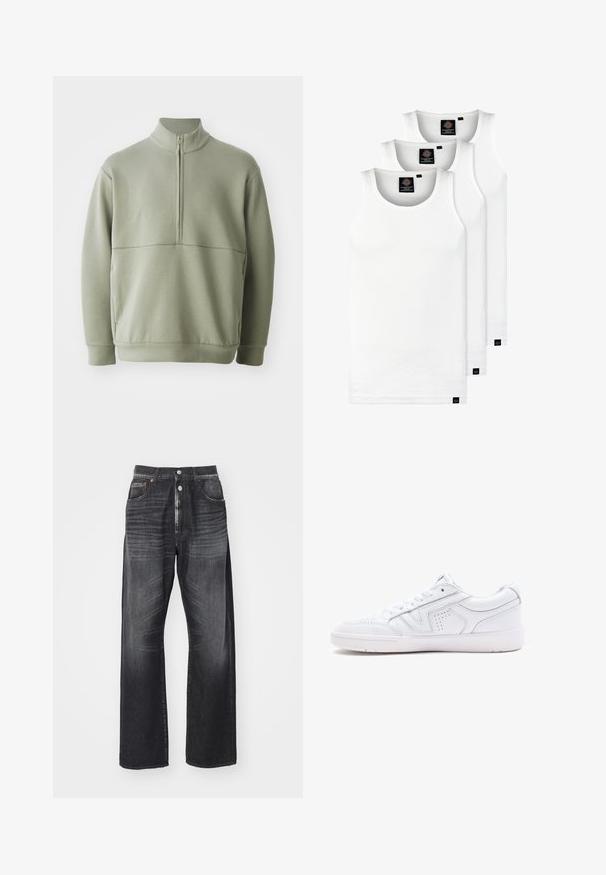 Suéter de manga larga verde claro con un cuello alto y media cremallera. Textura suave con un detalle de costura horizontal en el pecho.; Tres camisetas sin mangas de algodón de color blanco con canalé. Cuentan con cuello redondo y pequeñas etiquetas negras cerca del dobladillo. Disponibles en múltiples tamaños.; Jeans de pierna ancha de lavado oscuro, hechos de denim, con cierre de botón, diseño de cinco bolsillos y un ligero desvanecimiento en la tela.; Zapatilla de piel blanca con un diseño de corte bajo, puntera redonda, detalles perforados y una suela texturizada. Incluye cordones y sutiles acentos de costura.