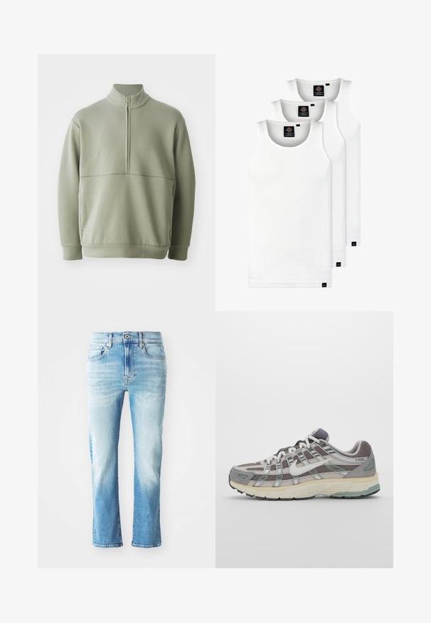 Suéter de manga larga verde claro con un cuello alto y media cremallera. Textura suave con un detalle de costura horizontal en el pecho.; Tres camisetas sin mangas de algodón de color blanco con canalé. Cuentan con cuello redondo y pequeñas etiquetas negras cerca del dobladillo. Disponibles en múltiples tamaños.; Vaqueros de mezclilla azul claro con un diseño de pierna recta, que presentan un lavado desgastado, cinco bolsillos y cierre de botón y cremallera estándar.; Zapatilla deportiva gris con parte superior de malla y ante, acentos blancos, suela acolchada y un diseño distintivo con elementos reflectantes.