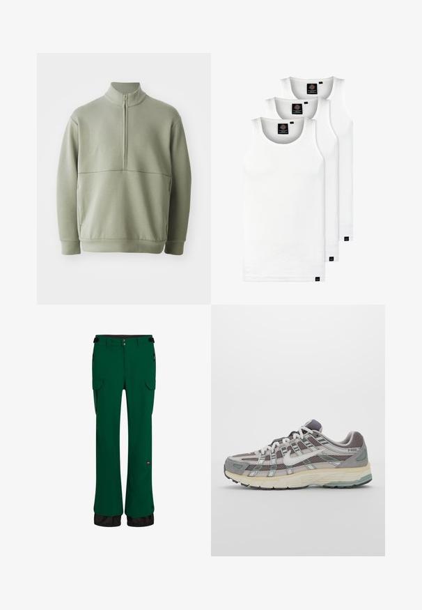 Heledad rohelise, pika varrukaga kootud särk kõrge kraega ja pooltaskuga. Pehme tekstuur, millel on horisontaalne õmbluse detail rinnaosas.; Kolm valget ribaga t-särki, mis on valmistatud puuvillast. Omavad ümmargust kaelanõhku ja väikseid musti silte hemme lähedal. Saadaval erinevates suurustes.; Roheline veekindel püksid sirge lõikega, elastse vöökoha, kottide taskutega, lukuga küljetaskutega ja musta alaäärtega.; Hallus hallitus jalanõud, millel on võrgust ja sametist ülemine osa, valged rõhutused, pehme tald ning eristuv disain peegelduvate elementidega.