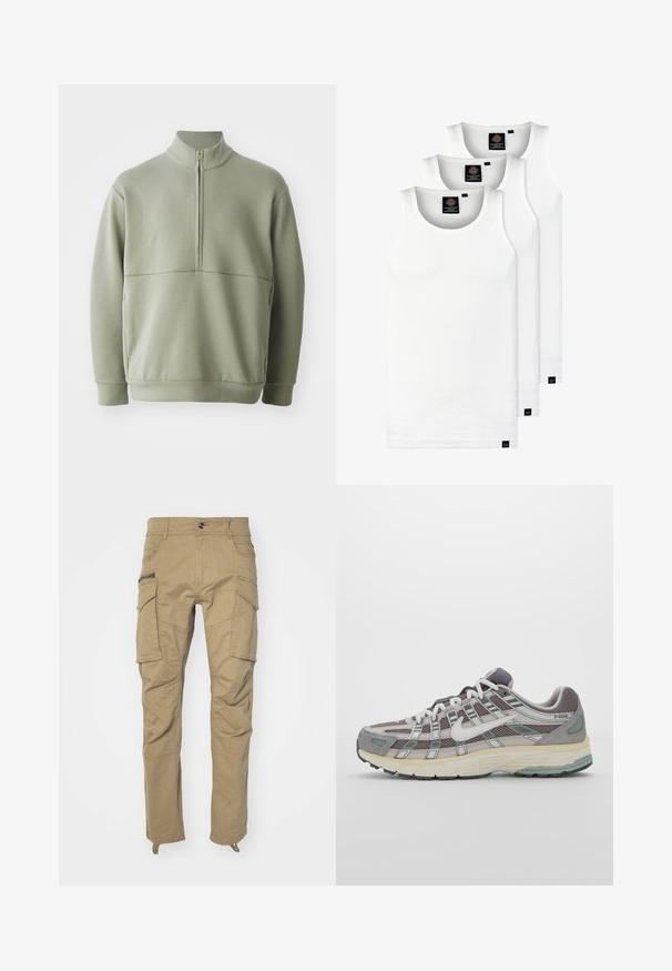 Jasnozielony, długi sweter z długim rękawem, o wysokim kołnierzu i pół-zamkiem. Miękka tekstura z poziomym szwem na wysokości klatki piersiowej.; Trzy białe prążkowane koszulki na ramiączkach wykonane z bawełny. Posiadają okrągły dekolt i małe czarne metki blisko dolnego brzegu. Dostępne w różnych rozmiarach.; Khaki spodnie cargo z wieloma bocznymi kieszeniami, zapięcie na guzik, zwężane nogawki oraz miękka, trwała tkanina. Wzmocnione szwy przez całą długość.; Szare buty sportowe z siateczkowym i zamszowym wierzchem, białymi akcentami, amortyzowaną podeszwą oraz charakterystycznym designem z elementami odblaskowymi.