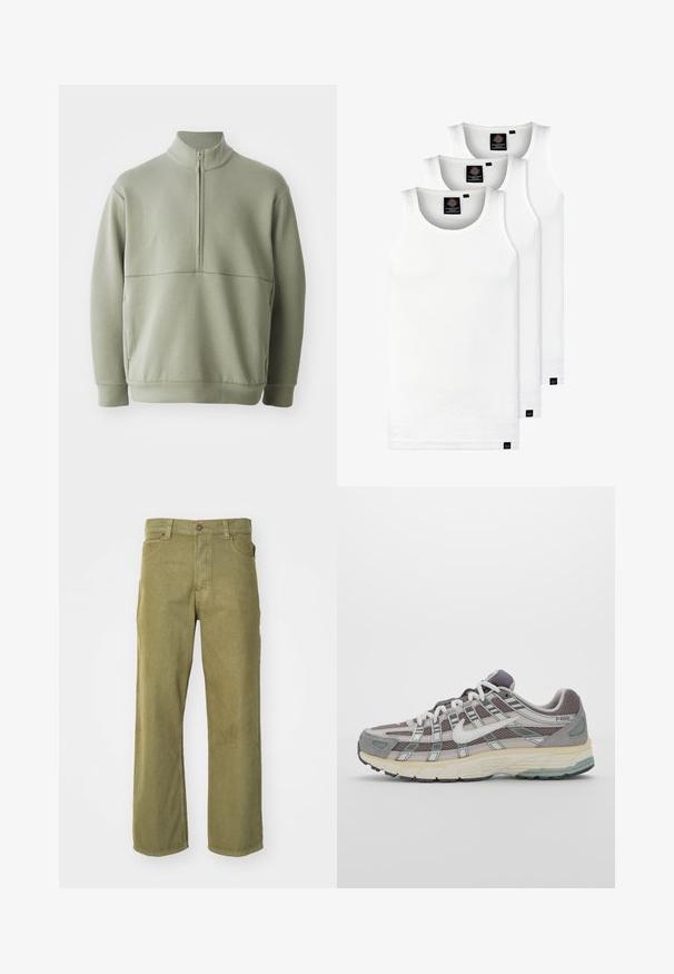 Gaiši zaļš, garām piedurknēm, džemperis ar augstu apkakli un pusi rāvējslēdzēju. Mīksta tekstūra ar horizontālu šuvju detaļu krūšu rajonā.; Trīs baltas ribotas krūšturi, kas izgatavoti no kokvilnas. Iezīmēti ar apaļu kakla izgriezumu un maziem melniem etiķetēm tuvu apakšmalai. Pieejami vairākos izmēros.; Olive krāsas taisnā piegriezuma bikses, kas izgatavotas no mīksta kokvilnas auduma, ar priekšējo pogu aizdari, jostas cilpām un sānu kabatām.; Pelēkie sporta apavi ar tīkla un zamša augšdaļu, baltiem akcentiem, mīkstinātu zoli un izcilu dizainu ar atstarotājiem.