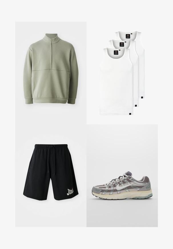 Pull vert clair à manches longues avec un col montant et une fermeture éclair mi-longue. Texture douce avec un détail de couture horizontale sur la poitrine.; Trois débardeurs blancs côtelés en coton. Présentent un col rond et de petites étiquettes noires près de l'ourlet. Disponibles en plusieurs tailles.; Shorts de sport noirs avec une taille élastique et un cordon de serrage, arborant un logo « JORDAN » bien visible et une petite icône rouge.; Chaussure de sport grise avec une tige en mesh et en daim, accents blancs, semelle rembourrée et un design distinctif avec des éléments réfléchissants.