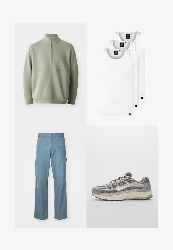 Gaiši zaļš, garām piedurknēm, džemperis ar augstu apkakli un pusi rāvējslēdzēju. Mīksta tekstūra ar horizontālu šuvju detaļu krūšu rajonā.; Trīs baltas ribotas krūšturi, kas izgatavoti no kokvilnas. Iezīmēti ar apaļu kakla izgriezumu un maziem melniem etiķetēm tuvu apakšmalai. Pieejami vairākos izmēros.; Gaiši zilas kokvilnas krāsu bikses ar taisnu kāju dizainu, divām sānu kabatām un vienu cilpu jostai, lai nodrošinātu papildu lietderību.; Pelēkie sporta apavi ar tīkla un zamša augšdaļu, baltiem akcentiem, mīkstinātu zoli un izcilu dizainu ar atstarotājiem.