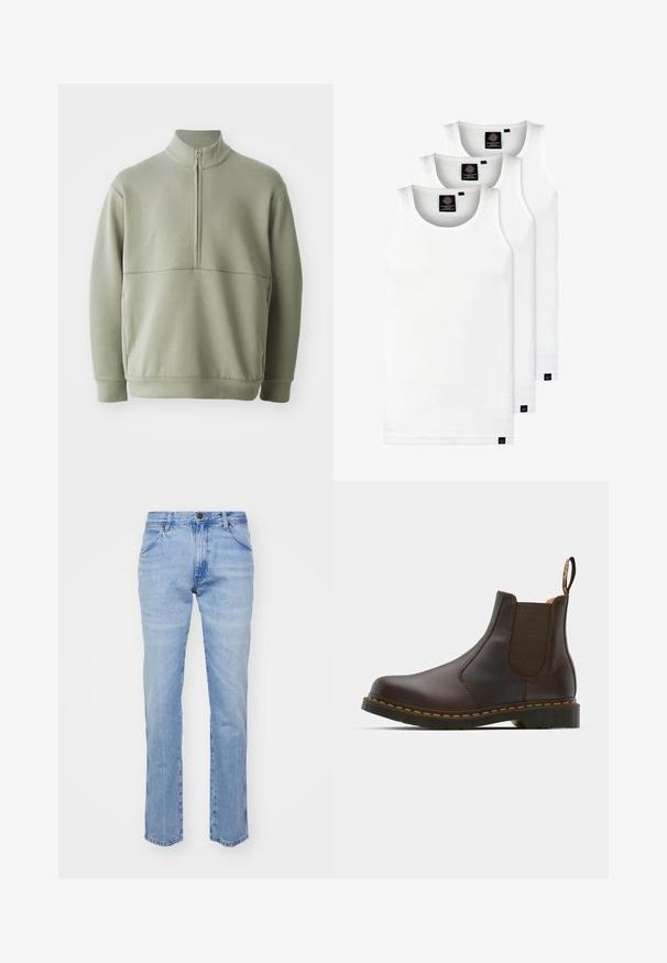 Suéter de manga larga verde claro con un cuello alto y media cremallera. Textura suave con un detalle de costura horizontal en el pecho.; Tres camisetas sin mangas de algodón de color blanco con canalé. Cuentan con cuello redondo y pequeñas etiquetas negras cerca del dobladillo. Disponibles en múltiples tamaños.; Jeans de mezclilla azul claro con corte recto, cinco bolsillos y cierre de botón metálico. Presenta costura a lo largo de las costuras y los dobladillos.; Bota Chelsea de cuero marrón con paneles laterales elásticos, tacón texturizado y costuras amarillas de contraste. Cuenta con una lengüeta para facilitar su puesta.