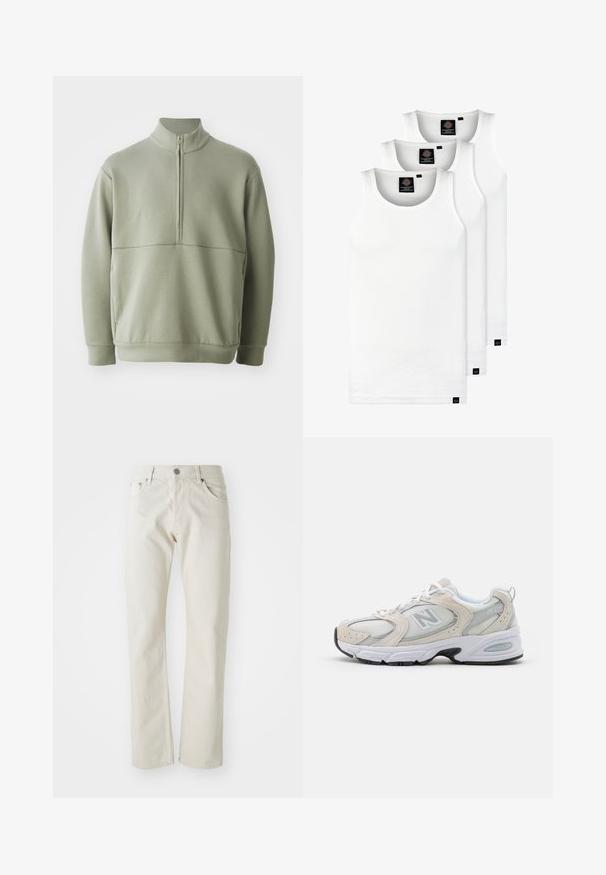 Šviesiai žalias, ilgos rankovės megztinis su aukšta apykakle ir pusiau užtrauktuku. Minkšta tekstūra su horizontalia siūle per krūtinę.; Trys balti, dryžuoti marškiniai be rankovių, pagaminti iš medvilnės. Yra apvalus kaklas ir maži juodi etiketės netoli siūlės. Siūlomi įvairių dydžių.; Šviesiai bežinės džinsų kelnes iš medvilnės, turinčios tiesaus kirpimo dizainą, penkių kišenių stilių ir sidabro spalvos metalinį mygtuką.; Sportiniai bateliai su šviesiai pilku tinkliniu viršumi, akcentais iš zomšos, baltais raiščiais ir juodu guminiu padu. Išskirtinė ABZORB amortizacijos detalė.