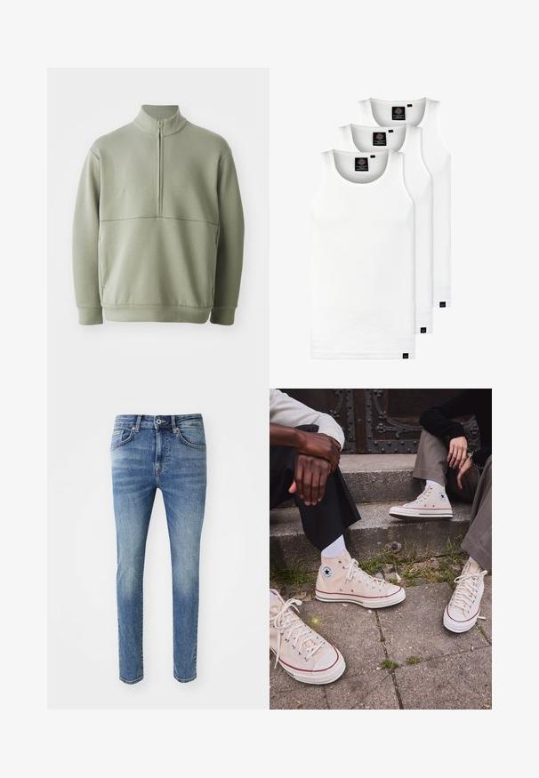 Gaiši zaļš, garām piedurknēm, džemperis ar augstu apkakli un pusi rāvējslēdzēju. Mīksta tekstūra ar horizontālu šuvju detaļu krūšu rajonā.; Trīs baltas ribotas krūšturi, kas izgatavoti no kokvilnas. Iezīmēti ar apaļu kakla izgriezumu un maziem melniem etiķetēm tuvu apakšmalai. Pieejami vairākos izmēros.; Izbalējuši gaiši zili džinsi ar pieguļošu piegriezumu, pieci kabatas, rāvējslēdzējs un metāla pogas aizdare jostasvietā.; Augstpapēžu beigu kanvas kedas ar sarkanu svītru, baltu gumijas zoli un metāla acīm, ar ikonisku zvaigznes logo sānos.