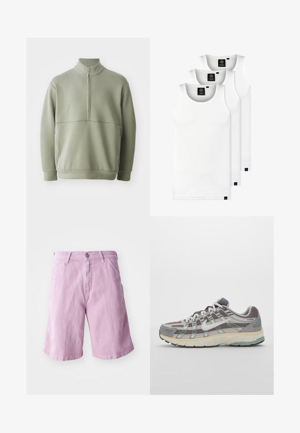 Lys grønn, langermet genser med høy krage og halv glidelås. Myk tekstur med horisontal sømdetalj over brystet.; Tre hvite ribbestrikkede tank topper laget av bomull. Har en rund hals og små svarte etiketter nær kanten. Tilgjengelig i flere størrelser.; Lys lilla denimshorts med rett snitt, med knapp- og glidelås-lukking, fem lommers design og subtil tekstur.; Grå treningssko med overdel i nett og semsket skinn, hvite detaljer, en polstret såle, og et særpreget design med reflekterende elementer.