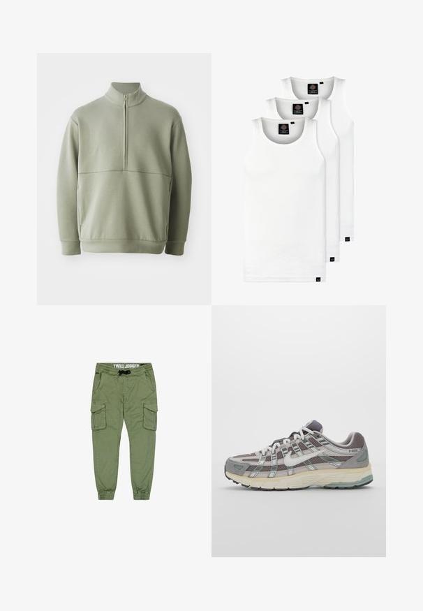 Heledad rohelise, pika varrukaga kootud särk kõrge kraega ja pooltaskuga. Pehme tekstuur, millel on horisontaalne õmbluse detail rinnaosas.; Kolm valget ribaga t-särki, mis on valmistatud puuvillast. Omavad ümmargust kaelanõhku ja väikseid musti silte hemme lähedal. Saadaval erinevates suurustes.; Olivroheline twill-joggerid elastsete pahkluude ja nööriga vöökohtadega, mitme cargo-taskuga, et pakkuda lisaridu. Sujuv ja vastupidav kangas.; Hallus hallitus jalanõud, millel on võrgust ja sametist ülemine osa, valged rõhutused, pehme tald ning eristuv disain peegelduvate elementidega.