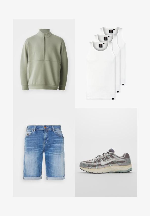 Vaaleanvihreä pitkähihainen neulepusero, jossa on korkea kaulus ja puoli vetoketju. Pehmeä pinta ja vaakasuora sauman yksityiskohta rinnassa.; Kolme valkoista ribbitekstiilistä toppia, jotka on valmistettu puuvillasta. Ominaisuuksiin kuuluu pyöreä pääntie ja pieni musta etiketti helman lähellä. Saatavilla useissa kooissa.; Farkkushortsit vaaleansinistä pesua, joissa on käännetyt lahkeet, viisi taskua ja yksi metallinappikiinnitys. Sujuva pinta, jossa on haalistumista.; Harmaa urheilukenkä, jossa on verkko- ja mokkanahkainen yläosa, valkoiset yksityiskohdat, pehmustettu pohja ja erottuva muotoilu heijastavilla elementeillä.