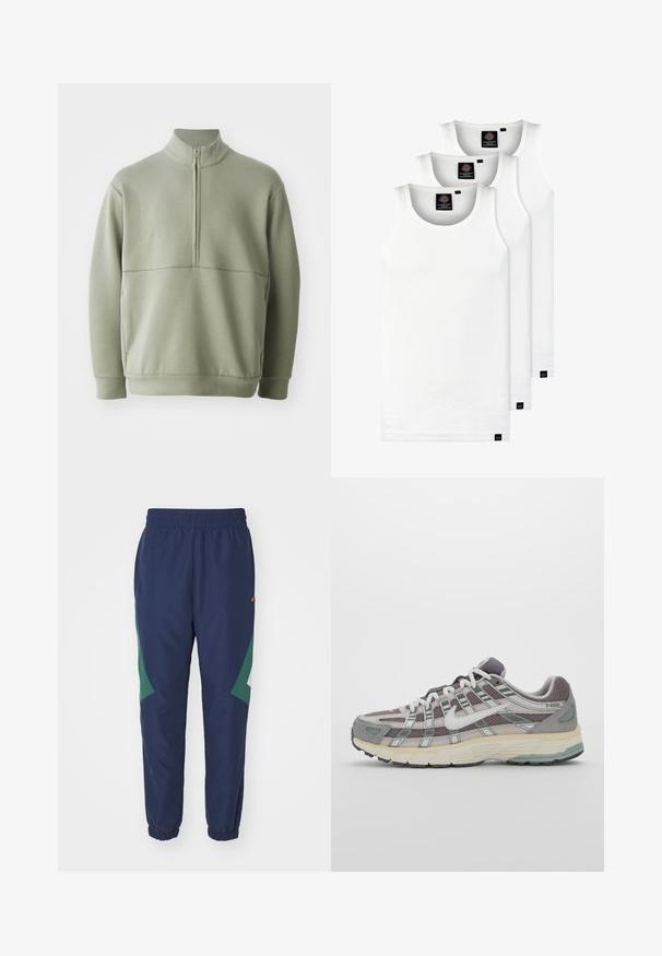 Lys grøn, langærmet pullover med høj krave og halv lynlås. Blød tekstur med en horisontal sømdetalje på brystet.; Tre hvide ribbede tanktops lavet af bomuld. Har en rund hals og små sorte mærker nær sømmen. Fås i flere størrelser.; Marineblå sportsbukser med grønne accenter, elastisk talje, elastiske manchetter og sidelommer. Fremstillet af let, glat stof.; Grå sportssko med overdel i mesh og ruskind, hvide accenter, en polstret sål og et særpræget design med reflekterende elementer.