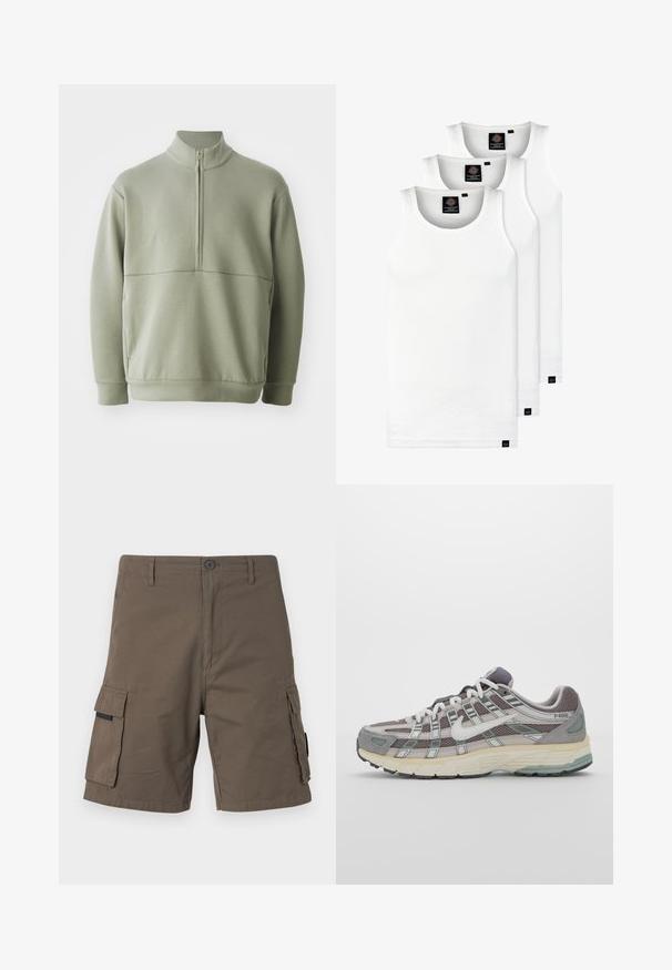 Pullover verde chiaro a maniche lunghe con colletto alto e mezza cerniera. Texture morbida con un dettaglio a cucitura orizzontale sulla parte anteriore.; Tre canotte bianche a coste in cotone. Presentano un colletto rotondo e piccole etichette nere vicino all'orlo. Disponibile in diverse taglie.; Pantaloni cargo verde oliva, realizzati in cotone, con due tasche laterali, chiusura con bottone e design a gamba dritta.; Scarpa sportiva grigia con tomaia in mesh e suede, dettagli bianchi, suola ammortizzata e un design distintivo con elementi riflettenti.