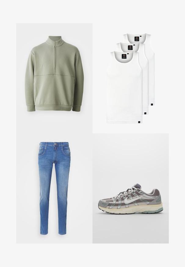 Svijetlozelena, dugosveđena majica s visokim ovratnikom i polu-zipperom. Mehak materijal s horizontalnom šavom preko prsa.; Tri bijele rebraste majice bez rukava od pamuka. Imaju okrugli izrez i male crne oznake blizu rubova. Dostupne su u više veličina.; Plave traperice uskog kroja. Imaju pet džepova, prednje zatvaranje na dugme i svjetlije izblijeđivanje na nogavicama. Ravne nogavice.; Siva sportska tenisica s gornjim dijelom od mrežaste tkanine i zamshta, bijelim detaljima, amortizirajućom potplatom i prepoznatljivim dizajnom s refleksivnim elementima.