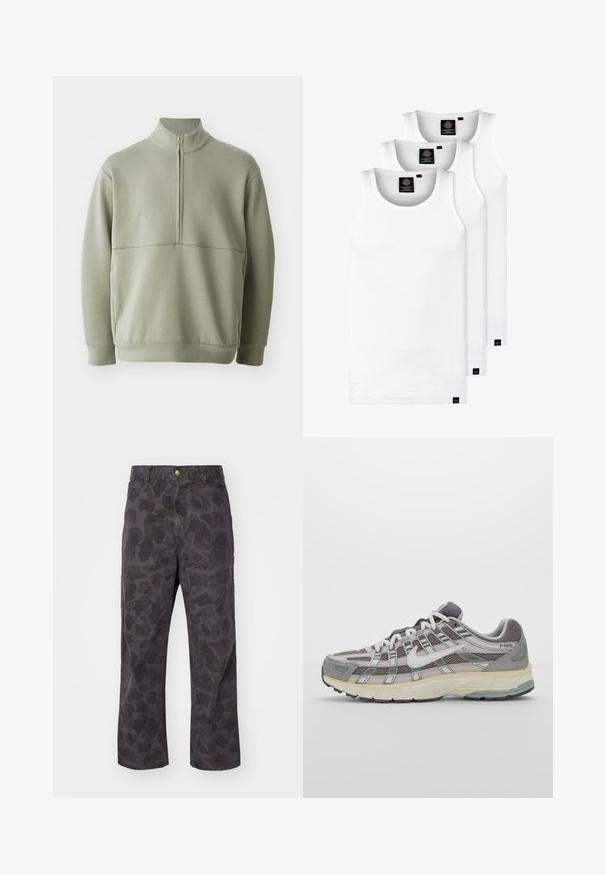 Lys grøn, langærmet pullover med høj krave og halv lynlås. Blød tekstur med en horisontal sømdetalje på brystet.; Tre hvide ribbede tanktops lavet af bomuld. Har en rund hals og små sorte mærker nær sømmen. Fås i flere størrelser.; Carhartt WIP DUCK SINGLE KNEE PANT - Bukser - green/graphite garment dyed; Grå sportssko med overdel i mesh og ruskind, hvide accenter, en polstret sål og et særpræget design med reflekterende elementer.