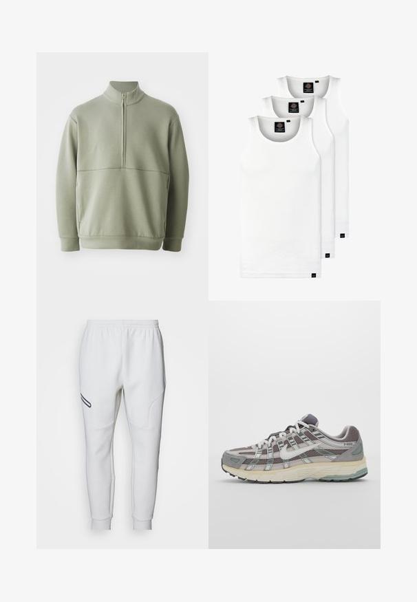 Suéter de manga larga verde claro con un cuello alto y media cremallera. Textura suave con un detalle de costura horizontal en el pecho.; Tres camisetas sin mangas de algodón de color blanco con canalé. Cuentan con cuello redondo y pequeñas etiquetas negras cerca del dobladillo. Disponibles en múltiples tamaños.; Pantalones de chándal blancos con una textura suave y lisa. Presenta paneles laterales curvados y una franja de acento negra. Cintura elástica para un ajuste ajustable.; Zapatilla deportiva gris con parte superior de malla y ante, acentos blancos, suela acolchada y un diseño distintivo con elementos reflectantes.