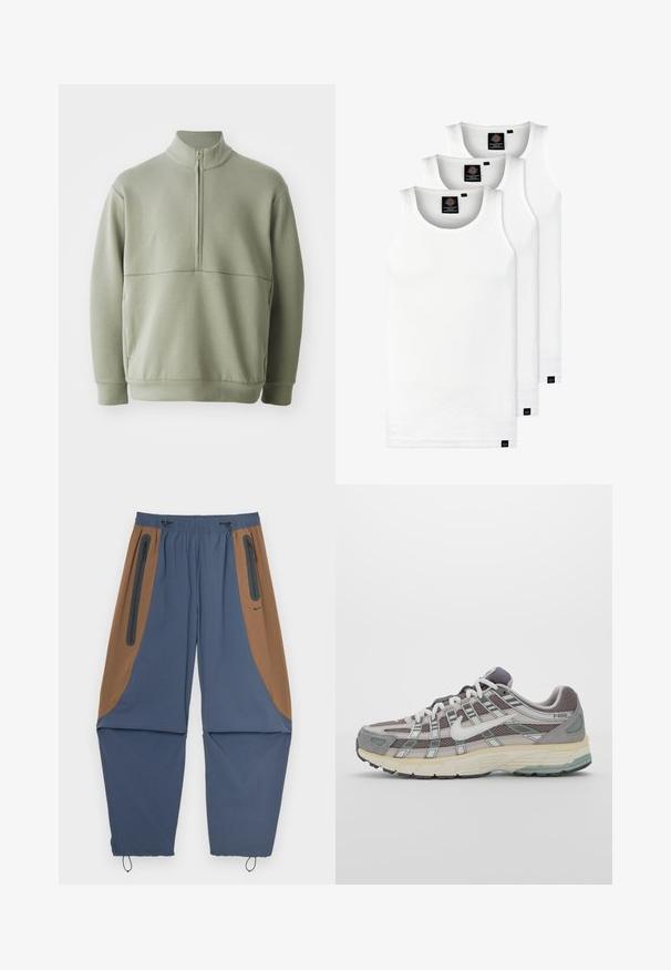 Svetlozelený, dlhý rukáv pulóver s vysokým golierom a polovičným zipsom. Mäkká textúra s horizontálnym švom cez hruď.; Tri biele rebrované tielka vyrobené z bavlny. Majú okrúhly výstrih a malé čierne štítky pri leme. Dostupné v rôznych veľkostiach.; Námornícke a hnedé športové nohavice s elastickým pásom, so zipsovými bočnými vreckami a nastaviteľnými šnúrkami na manžetách. Hladká textura.; Šedá športová obuv so zvrškom z nylonu a semišu, bielymi akcentmi, polstrovanou podrážkou a jedinečným dizajnom s reflexnými prvkami.