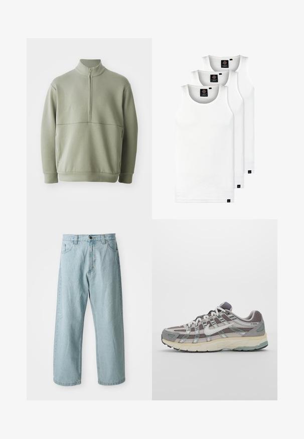 Suéter de manga larga verde claro con un cuello alto y media cremallera. Textura suave con un detalle de costura horizontal en el pecho.; Tres camisetas sin mangas de algodón de color blanco con canalé. Cuentan con cuello redondo y pequeñas etiquetas negras cerca del dobladillo. Disponibles en múltiples tamaños.; Jeans de mezclilla azul claro con diseño de pierna ancha. Cuenta con cinco bolsillos, cierre frontal con botón y cremallera, y textura ligeramente desgastada.; Zapatilla deportiva gris con parte superior de malla y ante, acentos blancos, suela acolchada y un diseño distintivo con elementos reflectantes.