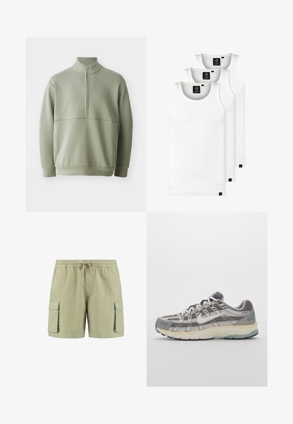 Lichtgroene, langslijve pullover met een hoge kraag en een halve rits. Zachte textuur met een horizontale naaddetails over de borst.; Drie witte geribde tanktops van katoen. Kenmerken zijn een ronde hals en kleine zwarte labels nabij de zoom. Verkrijgbaar in meerdere maten.; Khaki cargoshorts met een elastische tailleband, koordsluiting, twee zijzakken en twee zijcargozakken. Gemaakt van lichtgewicht stof.; Grijze sportieve schoen met een bovenwerk van mesh en suede, witte accenten, een gevoerde zool en een onderscheidend ontwerp met reflecterende elementen.