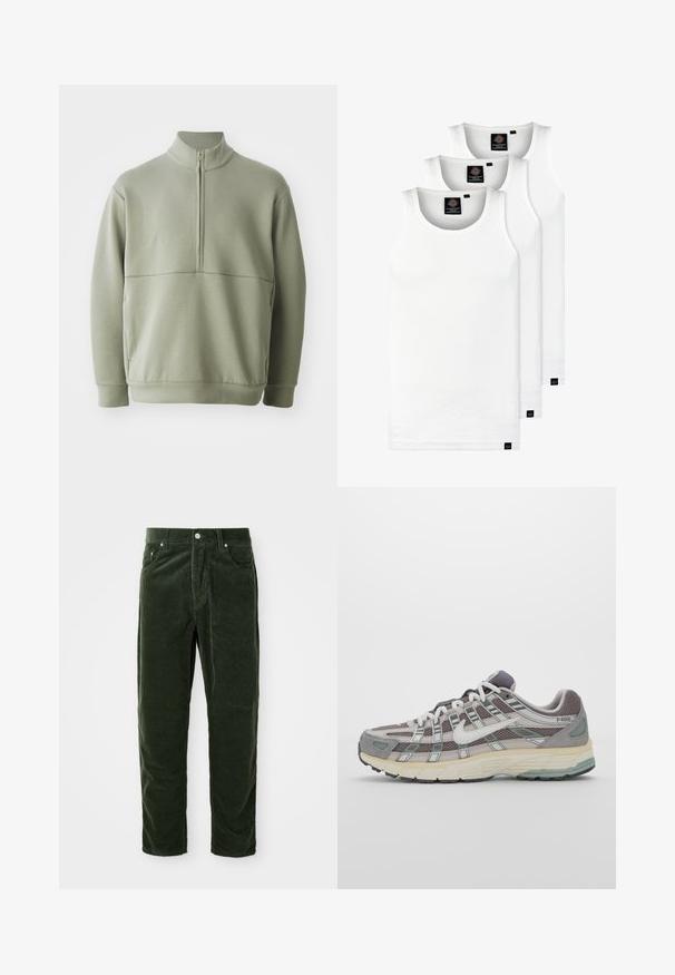 Pullover verde claro de mangas longas com colarinho alto e fecho de correr de meio comprimento. Textura suave com um detalhe de costura horizontal na zona do peito.; Três tops em algodão de alças brancas com nervuras. Apresentam um decote redondo e pequenas etiquetas pretas perto da bainha. Disponíveis em vários tamanhos.; Calças de veludo cotelê verdes com textura riscada verticalmente, apresentando um fecho de botão, dois bolsos frontais e um design de perna reta.; Sapatilha atlética cinza com parte superior em malha e camurça, detalhes brancos, sola acolchoada e um design distinto com elementos refletivos.