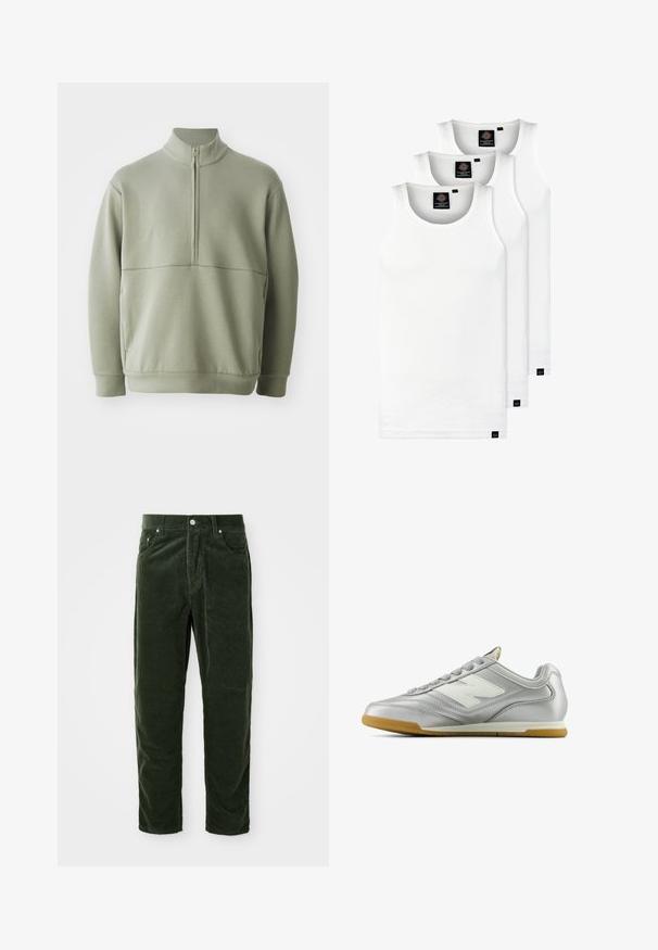 Gaiši zaļš, garām piedurknēm, džemperis ar augstu apkakli un pusi rāvējslēdzēju. Mīksta tekstūra ar horizontālu šuvju detaļu krūšu rajonā.; Trīs baltas ribotas krūšturi, kas izgatavoti no kokvilnas. Iezīmēti ar apaļu kakla izgriezumu un maziem melniem etiķetēm tuvu apakšmalai. Pieejami vairākos izmēros.; Zaļas kordūras bikses ar vertikālu ribotu tekstūru, kas aprīkotas ar pogu aizdari, divām priekšējām kabatām un taisnu kāju dizainu.; Sudraba sporta apavi ar gludu, spīdīgu virsmu, balto logo sānos, teksturētām pelēkajām šņorēm un gumijas zoli.