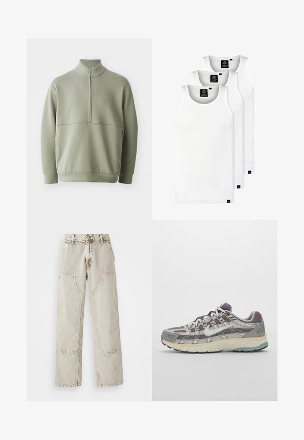 Vaaleanvihreä pitkähihainen neulepusero, jossa on korkea kaulus ja puoli vetoketju. Pehmeä pinta ja vaakasuora sauman yksityiskohta rinnassa.; Kolme valkoista ribbitekstiilistä toppia, jotka on valmistettu puuvillasta. Ominaisuuksiin kuuluu pyöreä pääntie ja pieni musta etiketti helman lähellä. Saatavilla useissa kooissa.; Vaalean beige leveälahkeiset farkut, jotka on valmistettu denimmateriaalista. Niissä on isot läpätaskut, kontrastivärinen ommel ja hieman haalistunut pinta.; Harmaa urheilukenkä, jossa on verkko- ja mokkanahkainen yläosa, valkoiset yksityiskohdat, pehmustettu pohja ja erottuva muotoilu heijastavilla elementeillä.