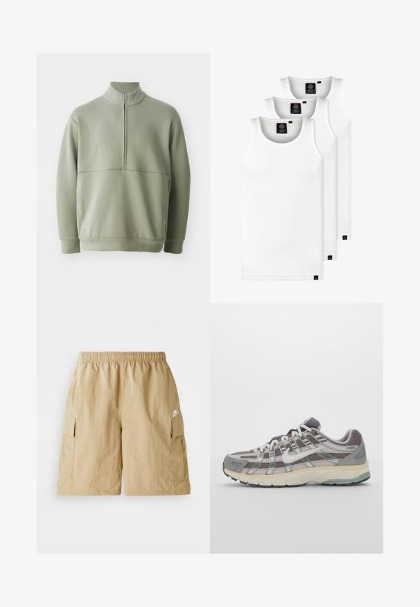 Ljusgrön, långärmad tröja med hög krage och halvmått. Mjuk textur med en horisontell sömdetalj över bröstet.; Tre vita ribbade linnen i bomull. Har rund halsringning och små svarta etiketter vid fållen. Finns i flera storlekar.; Beige cargoshorts med resårmidja, frontfickor och en liten vit Nike-logga. Lättviktsmaterial med en krinklad textur.; Grå atletiska sko med en överdel av mesh och mocka, vita accenter, en vadderad sula och en unik design med reflekterande element.