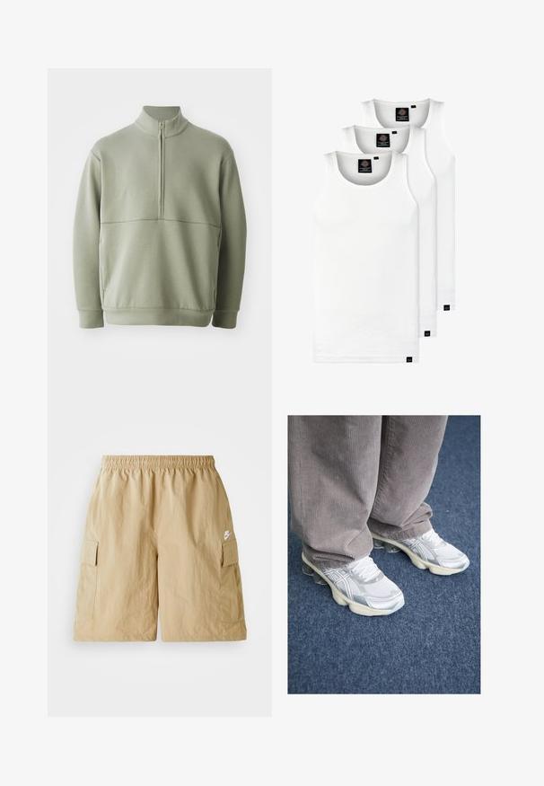 Světlá zelená mikina s dlouhým rukávem, vysokým límečkem a půlzipem. Měkká textura s horizontálním švem přes hruď.; Tři bílé žebrované tílka vyrobené z bavlny. Mají kulatý výstřih a malé černé štítky poblíž lemu. Dostupné v několika velikostech.; Bežové cargo šortky s elastickým pasem, předními kapsami a malým bílým logem Nike. Lehká tkanina s vrásočitým povrchem.; Bílé sportovní boty z prodyšné síťoviny se stříbrnými detaily, s tlustou podrážkou a šněrováním. Nošeny s šedými manšestrovými kalhotami. Na modrém koberci.