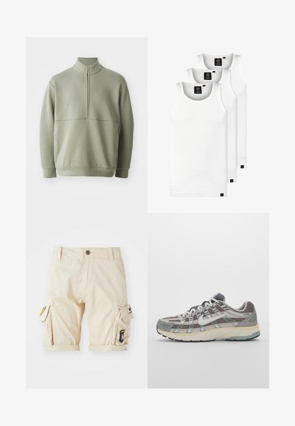 Light green, long-sleeve pullover with a high collar and half zipper. Soft texture with a horizontal seam detail across the chest.; Three white ribbed tank tops made of cotton. Features a crew neck and small black labels near the hem. Available in multiple sizes.; Beige cargo shorts made of cotton, featuring rolled cuffs, side pockets, and embroidered patches on the leg. Classic fit and utility design.; Gray athletic shoe featuring a mesh and suede upper, white accents, a cushioned sole, and a distinctive design with reflective elements.