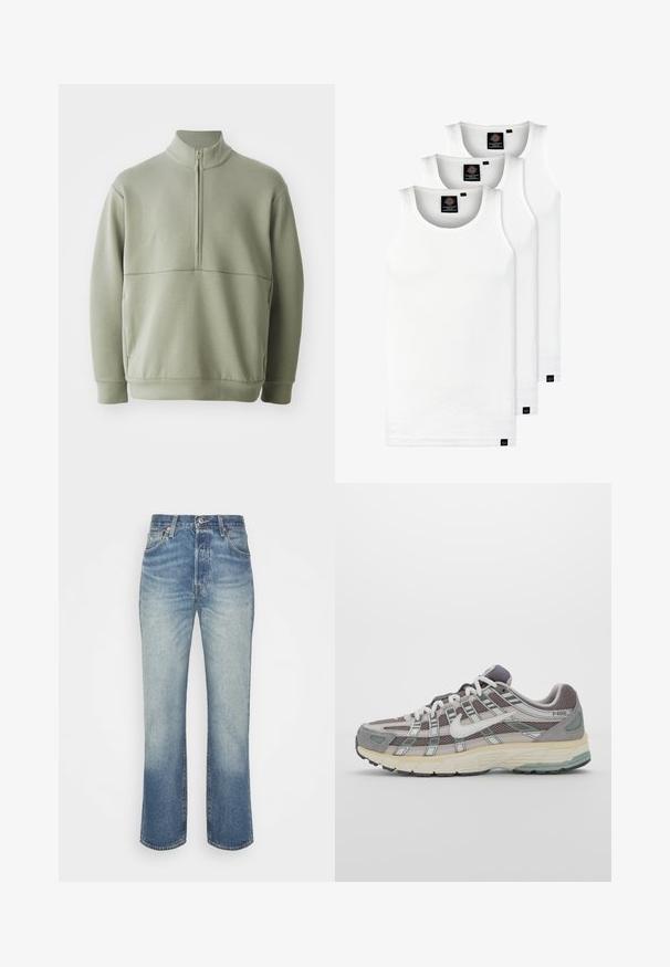 Heledad rohelise, pika varrukaga kootud särk kõrge kraega ja pooltaskuga. Pehme tekstuur, millel on horisontaalne õmbluse detail rinnaosas.; Kolm valget ribaga t-särki, mis on valmistatud puuvillast. Omavad ümmargust kaelanõhku ja väikseid musti silte hemme lähedal. Saadaval erinevates suurustes.; Heled sinine denim teksad sirge lõikega, millel on pleekinud pesu, viis taskut ja nööbi sulgemine vööl.; Hallus hallitus jalanõud, millel on võrgust ja sametist ülemine osa, valged rõhutused, pehme tald ning eristuv disain peegelduvate elementidega.