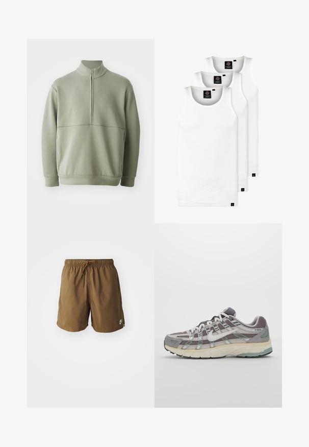 Šviesiai žalias, ilgos rankovės megztinis su aukšta apykakle ir pusiau užtrauktuku. Minkšta tekstūra su horizontalia siūle per krūtinę.; Trys balti, dryžuoti marškiniai be rankovių, pagaminti iš medvilnės. Yra apvalus kaklas ir maži juodi etiketės netoli siūlės. Siūlomi įvairių dydžių.; Rudi plaukimo šortai, pagaminti iš lengvos medžiagos, turi elastinį juosmenį su virvele ir subtilų „Nike“ logotipą šone.; Pilkas sportinis batas su tinklu ir zomšos viršutine dalimi, baltomis detalėmis, paminkštintu padu ir išskirtiniu dizainu su atspindinčiais elementais.