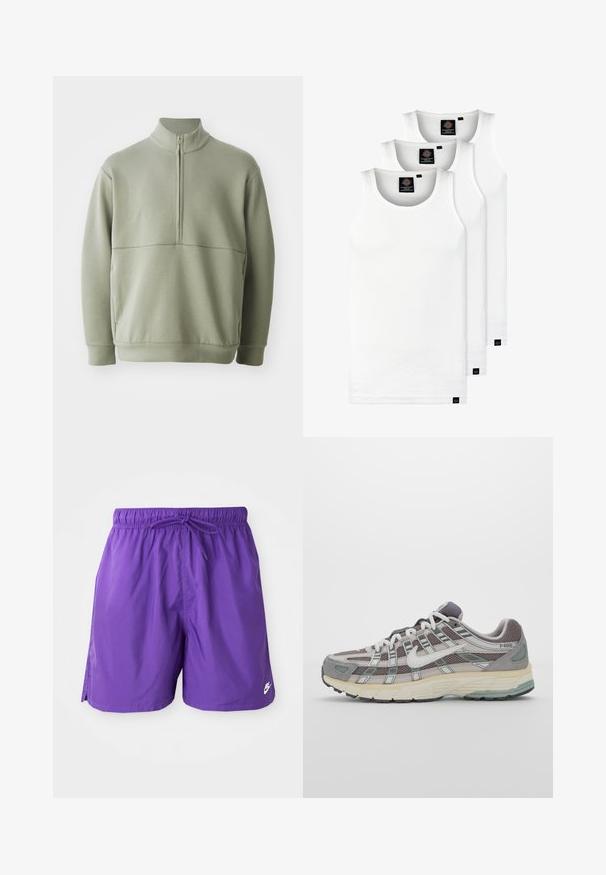 Gaiši zaļš, garām piedurknēm, džemperis ar augstu apkakli un pusi rāvējslēdzēju. Mīksta tekstūra ar horizontālu šuvju detaļu krūšu rajonā.; Trīs baltas ribotas krūšturi, kas izgatavoti no kokvilnas. Iezīmēti ar apaļu kakla izgriezumu un maziem melniem etiķetēm tuvu apakšmalai. Pieejami vairākos izmēros.; Violet peldbikses ar elastīgu jostasvīru un saistvadu. Iekļauj sānu šķēlumu un mazu balto logo apakšējā apmalē. Gluda tekstūra.; Pelēkie sporta apavi ar tīkla un zamša augšdaļu, baltiem akcentiem, mīkstinātu zoli un izcilu dizainu ar atstarotājiem.