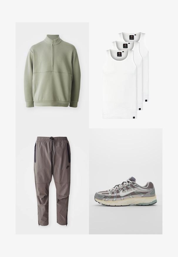 Világos zöld, hosszú ujjú pulóver magas gallérral és fél cipzárral. Puha tapintású, a mellkas fölött vízszintes varrási részlettel.; Három fehér csíkos pamut trikó. Felső része kerek nyakkivágású, és a szegély közelében kis fekete címkék találhatók. Több méretben elérhető.; Szürke Nike nadrág, rugalmas derékkal, húzózsinórral, oldalsó cipzáras zsebekkel és állítható cipzárakkal a bokán.; Szürke sportcipő, hálós és velúr felsőrésszel, fehér részletekkel, párnázott talppal és jellegzetes dizájnnal, amely visszaverő elemeket tartalmaz.
