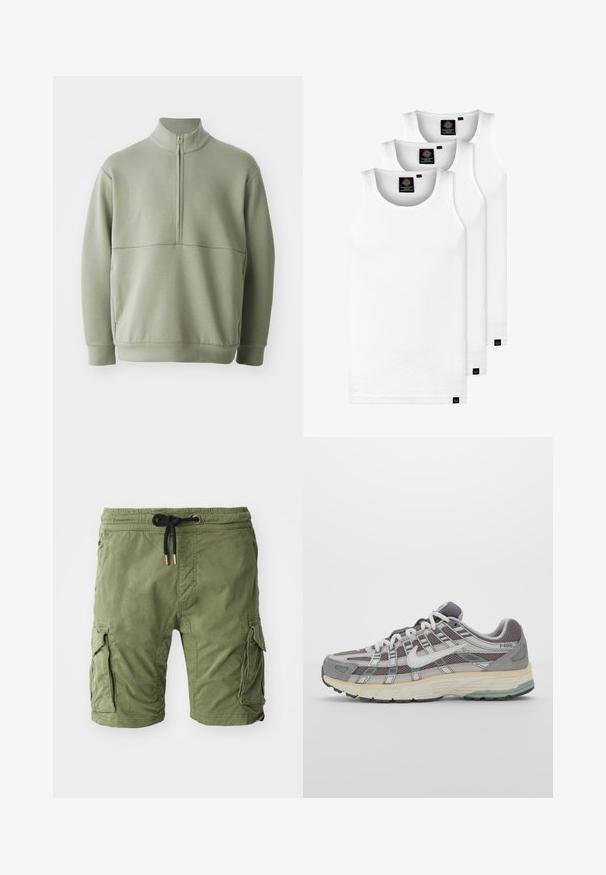 Světlá zelená mikina s dlouhým rukávem, vysokým límečkem a půlzipem. Měkká textura s horizontálním švem přes hruď.; Tři bílé žebrované tílka vyrobené z bavlny. Mají kulatý výstřih a malé černé štítky poblíž lemu. Dostupné v několika velikostech.; Olivově zelené bavlněné cargo šortky s bočními kapsami, stahovací pas s zlatými detaily a jemným, texturovaným povrchem.; Šedá sportovní obuv s vrchní částí z mikrovlákna a semiše, bílými akcenty, polstrovanou podrážkou a jedinečným designem s reflexními prvky.