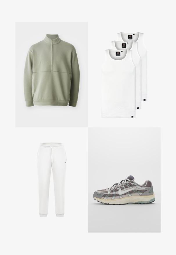 Suéter de manga larga verde claro con un cuello alto y media cremallera. Textura suave con un detalle de costura horizontal en el pecho.; Tres camisetas sin mangas de algodón de color blanco con canalé. Cuentan con cuello redondo y pequeñas etiquetas negras cerca del dobladillo. Disponibles en múltiples tamaños.; Pantalones joggers blancos de algodón con cinturilla elástica, cordón, bolsillos laterales, piernas ajustadas y un pequeño logotipo en la pierna.; Zapatilla deportiva gris con parte superior de malla y ante, acentos blancos, suela acolchada y un diseño distintivo con elementos reflectantes.