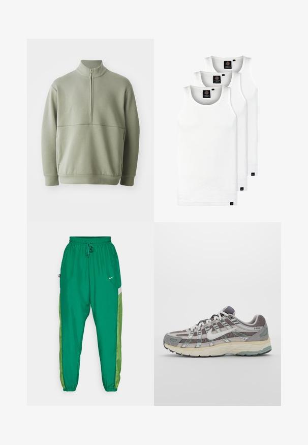 Jasnozielony, długi sweter z długim rękawem, o wysokim kołnierzu i pół-zamkiem. Miękka tekstura z poziomym szwem na wysokości klatki piersiowej.; Trzy białe prążkowane koszulki na ramiączkach wykonane z bawełny. Posiadają okrągły dekolt i małe czarne metki blisko dolnego brzegu. Dostępne w różnych rozmiarach.; Zielone sportowe joggery o miękkiej teksturze, z kontrastowym jasnoróżowym panelkiem po boku i małym białym logo z przodu.; Szare buty sportowe z siateczkowym i zamszowym wierzchem, białymi akcentami, amortyzowaną podeszwą oraz charakterystycznym designem z elementami odblaskowymi.