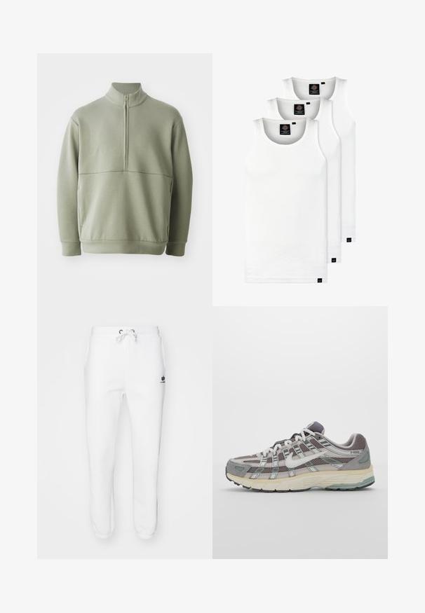Šviesiai žalias, ilgos rankovės megztinis su aukšta apykakle ir pusiau užtrauktuku. Minkšta tekstūra su horizontalia siūle per krūtinę.; Trys balti, dryžuoti marškiniai be rankovių, pagaminti iš medvilnės. Yra apvalus kaklas ir maži juodi etiketės netoli siūlės. Siūlomi įvairių dydžių.; Balti džinsai, pagaminti iš medvilnės mišinio, su elastine juosmens juosta ir raišteliu, šoninėmis kišenėmis ir raibais rankogaliais su logotipo akcentu.; Pilkas sportinis batas su tinklu ir zomšos viršutine dalimi, baltomis detalėmis, paminkštintu padu ir išskirtiniu dizainu su atspindinčiais elementais.