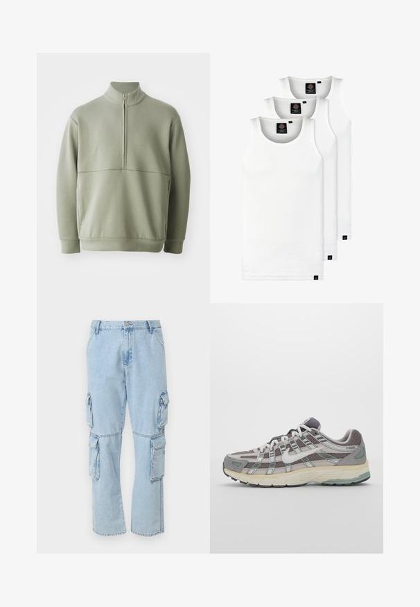 Light green, long-sleeve pullover with a high collar and half zipper. Soft texture with a horizontal seam detail across the chest.; Three white ribbed tank tops made of cotton. Features a crew neck and small black labels near the hem. Available in multiple sizes.; Only & Sons ONSEDGE - Straight leg jeans - light blue denim; Gray athletic shoe featuring a mesh and suede upper, white accents, a cushioned sole, and a distinctive design with reflective elements.