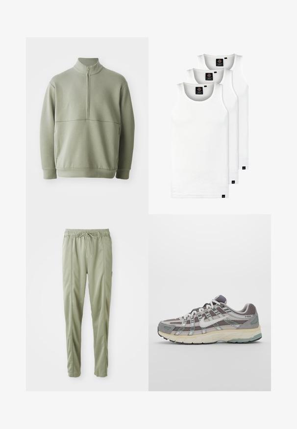 Gaiši zaļš, garām piedurknēm, džemperis ar augstu apkakli un pusi rāvējslēdzēju. Mīksta tekstūra ar horizontālu šuvju detaļu krūšu rajonā.; Trīs baltas ribotas krūšturi, kas izgatavoti no kokvilnas. Iezīmēti ar apaļu kakla izgriezumu un maziem melniem etiķetēm tuvu apakšmalai. Pieejami vairākos izmēros.; Gaiši zaļas piegulošas sporta bikses ar elastīgu jostu un auklu, ar sānu šuvēm un brīvu piegriezumu.; Pelēkie sporta apavi ar tīkla un zamša augšdaļu, baltiem akcentiem, mīkstinātu zoli un izcilu dizainu ar atstarotājiem.