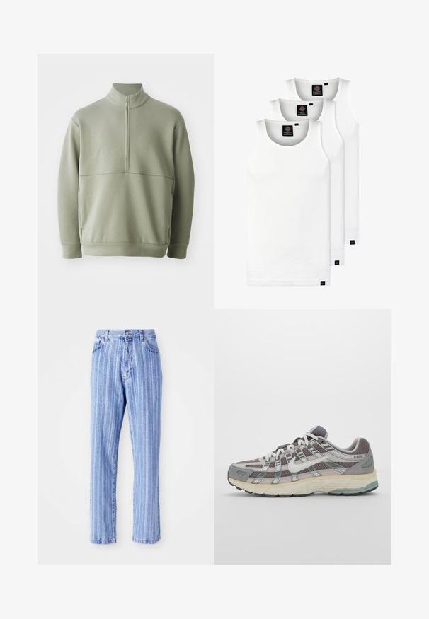 Svetlozelený, dlhý rukáv pulóver s vysokým golierom a polovičným zipsom. Mäkká textúra s horizontálnym švom cez hruď.; Tri biele rebrované tielka vyrobené z bavlny. Majú okrúhly výstrih a malé čierne štítky pri leme. Dostupné v rôznych veľkostiach.; Svetlomodré džínsy s vertikálnymi bielymi pruhmi, rovný strih, päť vreciek a zapínanie na gombík v páse.; Šedá športová obuv so zvrškom z nylonu a semišu, bielymi akcentmi, polstrovanou podrážkou a jedinečným dizajnom s reflexnými prvkami.