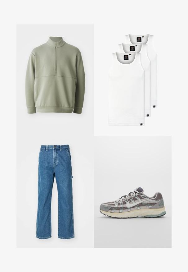 Světlá zelená mikina s dlouhým rukávem, vysokým límečkem a půlzipem. Měkká textura s horizontálním švem přes hruď.; Tři bílé žebrované tílka vyrobené z bavlny. Mají kulatý výstřih a malé černé štítky poblíž lemu. Dostupné v několika velikostech.; Modré denimové cargo kalhoty s uvolněným střihem, obsahující boční kapsy, zipový uzávěr a kontrastní šití na švech.; Šedá sportovní obuv s vrchní částí z mikrovlákna a semiše, bílými akcenty, polstrovanou podrážkou a jedinečným designem s reflexními prvky.