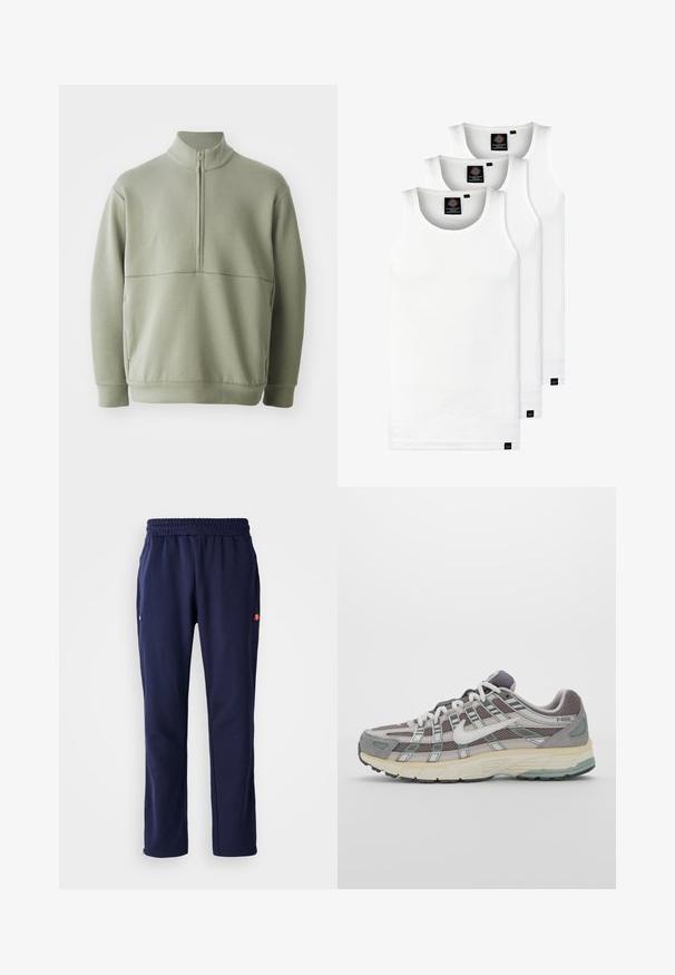 Svetlo zeleni pulover z dolgimi rokavi, visokim ovratnikom in polnim zadrgo. Mehak material z vodoravno šivano podrobnostjo čez prsi.; Tri bele rebraste majice brez rokavov iz bombaža. Imajo okroglo izreza in majhne črne etikete blizu roba. Na voljo v več velikostih.; Mornarske trenirke z elastičnim pasom, stranskimi žepi in majhnim logotipom na levem žepu. Narejene iz mehke, gladke tkanine.; Sive športne čevlje z zgornjim delom iz mrežastega in semiš materiala, belimi akcenti, oblazinjenim podplatom ter edinstvenim dizajnom z odsevnimi elementi.