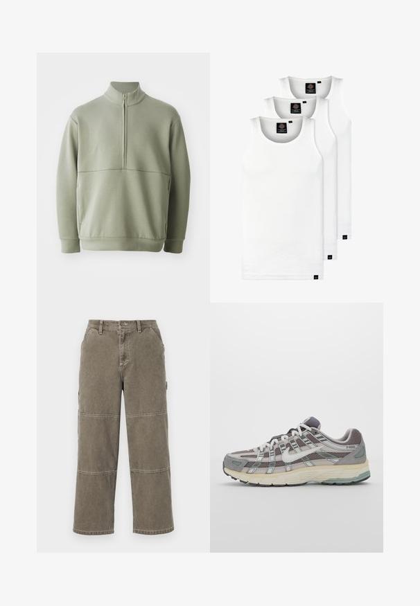 Light green, long-sleeve pullover with a high collar and half zipper. Soft texture with a horizontal seam detail across the chest.; Three white ribbed tank tops made of cotton. Features a crew neck and small black labels near the hem. Available in multiple sizes.; Cotton cargo pants in muted olive green with wide legs, double-stitched accents, and side pockets, featuring a button closure and belt loops.; Gray athletic shoe featuring a mesh and suede upper, white accents, a cushioned sole, and a distinctive design with reflective elements.