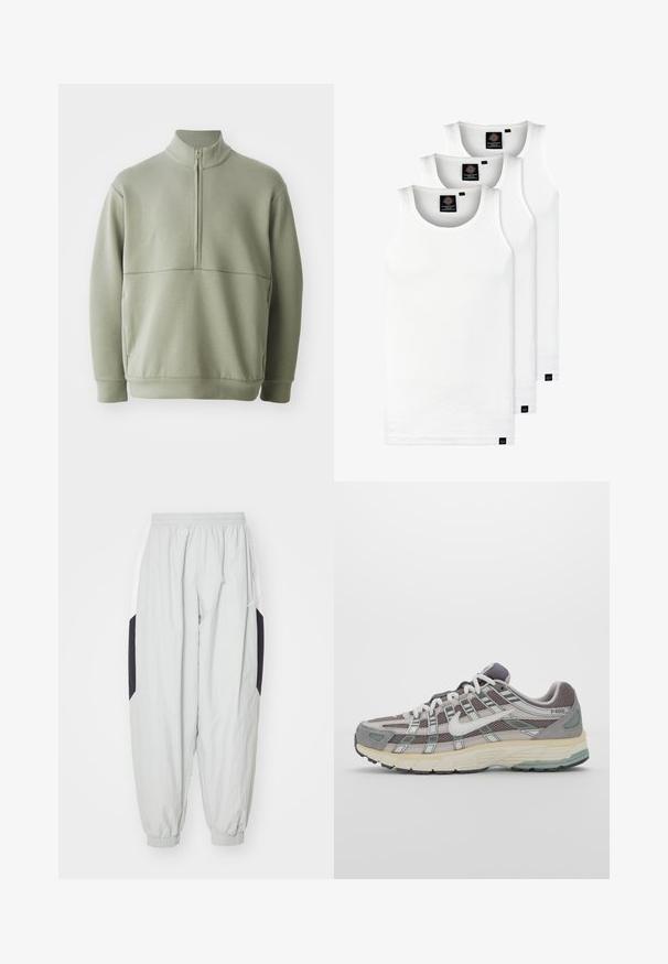 Světlá zelená mikina s dlouhým rukávem, vysokým límečkem a půlzipem. Měkká textura s horizontálním švem přes hruď.; Tři bílé žebrované tílka vyrobené z bavlny. Mají kulatý výstřih a malé černé štítky poblíž lemu. Dostupné v několika velikostech.; Světle šedé tepláky vyrobené z lehkého materiálu, s elastickým pasem a manžetami, a kontrastními černými a bílými bočními panely.; Šedá sportovní obuv s vrchní částí z mikrovlákna a semiše, bílými akcenty, polstrovanou podrážkou a jedinečným designem s reflexními prvky.